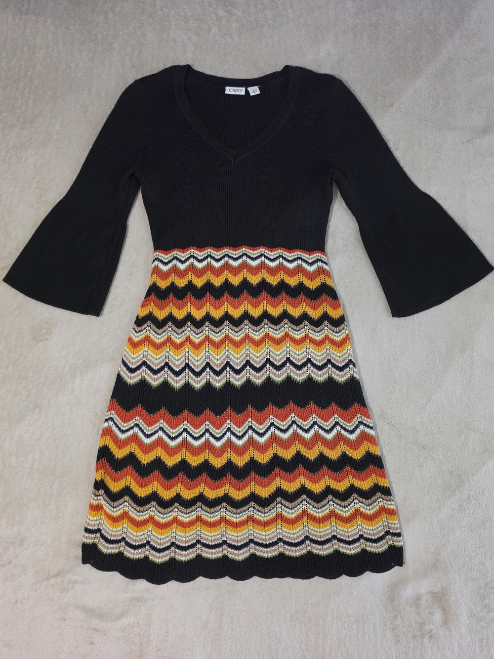 Cato Black V-Neck Knit Dress with Chevron Stripe Skirt